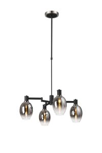 Erdi Swing Arm Telescopic Pendant, 4 Light E14, Satin Nickel/Satin Black/Smoke Fade Wine Glass Glass