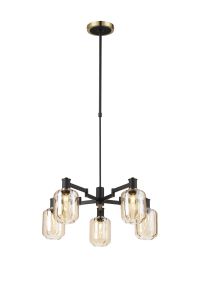 Erdi Swing Arm Telescopic Pendant, 5 Light E14, Brass/Satin Black/Amber Striped Cylinder Glass
