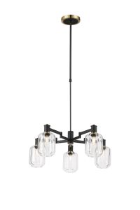 Erdi Swing Arm Telescopic Pendant, 5 Light E14, Brass/Satin Black/Clear Striped Cylinder Glass
