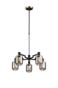 Erdi Swing Arm Telescopic Pendant, 5 Light E14, Brass/Satin Black/Smoke Striped Cylinder Glass