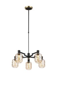 Erdi Swing Arm Telescopic Pendant, 5 Light E14, Brass/Satin Black/Amber Twisted Cylinder Glass
