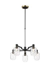 Erdi Swing Arm Telescopic Pendant, 5 Light E14, Brass/Satin Black/Clear Twisted Cylinder Glass
