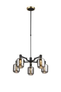 Erdi Swing Arm Telescopic Pendant, 5 Light E14, Brass/Satin Black/Smoke Twisted Cylinder Glass