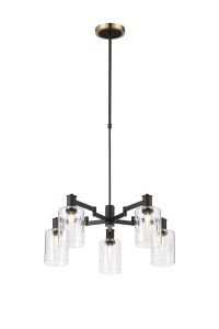 Erdi Swing Arm Telescopic Pendant, 5 Light E14, Brass/Satin Black/Clear Uniform Dimple Cylinder Glass