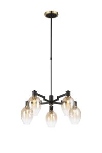 Erdi Swing Arm Telescopic Pendant, 5 Light E14, Brass/Satin Black/Amber Fade Wine Glass Glass