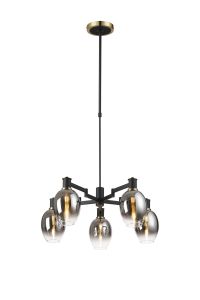 Erdi Swing Arm Telescopic Pendant, 5 Light E14, Brass/Satin Black/Smoke Fade Wine Glass Glass