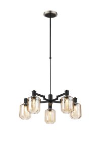 Erdi Swing Arm Telescopic Pendant, 5 Light E14, Satin Nickel/Satin Black/Amber Striped Cylinder Glass