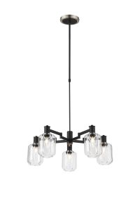 Erdi Swing Arm Telescopic Pendant, 5 Light E14, Satin Nickel/Satin Black/Clear Striped Cylinder Glass