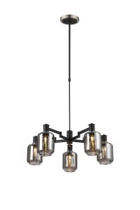 Erdi Swing Arm Telescopic Pendant, 5 Light E14, Satin Nickel/Satin Black/Smoke Striped Cylinder Glass