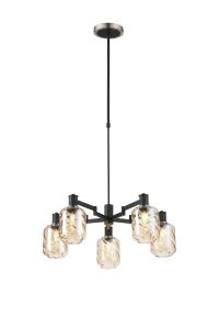 Erdi Swing Arm Telescopic Pendant, 5 Light E14, Satin Nickel/Satin Black/Amber Twisted Cylinder Glass