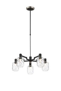 Erdi Swing Arm Telescopic Pendant, 5 Light E14, Satin Nickel/Satin Black/Clear Twisted Cylinder Glass