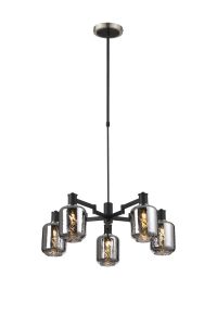 Erdi Swing Arm Telescopic Pendant, 5 Light E14, Satin Nickel/Satin Black/Smoke Twisted Cylinder Glass