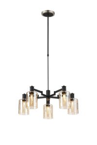 Erdi Swing Arm Telescopic Pendant, 5 Light E14, Satin Nickel/Satin Black/Amber Uniform Dimple Cylinder Glass