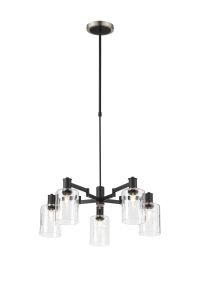 Erdi Swing Arm Telescopic Pendant, 5 Light E14, Satin Nickel/Satin Black/Clear Uniform Dimple Cylinder Glass