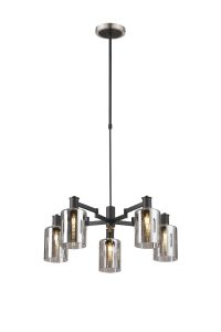 Erdi Swing Arm Telescopic Pendant, 5 Light E14, Satin Nickel/Satin Black/Smoke Uniform Dimple Cylinder Glass