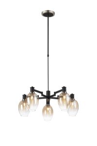 Erdi Swing Arm Telescopic Pendant, 5 Light E14, Satin Nickel/Satin Black/Amber Fade Wine Glass Glass