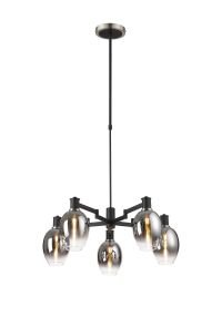 Erdi Swing Arm Telescopic Pendant, 5 Light E14, Satin Nickel/Satin Black/Smoke Fade Wine Glass Glass
