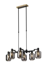 Erdi Swing Arm Telescopic Linear Pendant, 6 Light E14, Brass/Satin Black/Smoke Striped Cylinder Glass