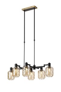 Erdi Swing Arm Telescopic Linear Pendant, 6 Light E14, Brass/Satin Black/Amber Twisted Cylinder Glass