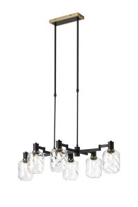Erdi Swing Arm Telescopic Linear Pendant, 6 Light E14, Brass/Satin Black/Clear Twisted Cylinder Glass