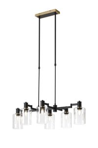Erdi Swing Arm Telescopic Linear Pendant, 6 Light E14, Brass/Satin Black/Clear Uniform Dimple Cylinder Glass
