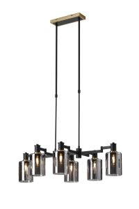 Erdi Swing Arm Telescopic Linear Pendant, 6 Light E14, Brass/Satin Black/Smoke Uniform Dimple Cylinder Glass