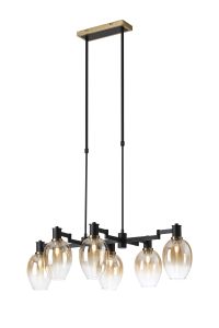 Erdi Swing Arm Telescopic Linear Pendant, 6 Light E14, Brass/Satin Black/Amber Fade Wine Glass Glass