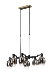 Erdi Swing Arm Telescopic Linear Pendant, 6 Light E14, Brass/Satin Black/Smoke Fade Wine Glass Glass