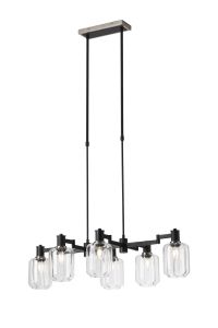Erdi Swing Arm Telescopic Linear Pendant, 6 Light E14, Satin Nickel/Satin Black/Clear Striped Cylinder Glass