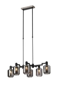 Erdi Swing Arm Telescopic Linear Pendant, 6 Light E14, Satin Nickel/Satin Black/Smoke Striped Cylinder Glass
