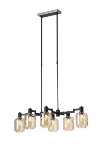 Erdi Swing Arm Telescopic Linear Pendant, 6 Light E14, Satin Nickel/Satin Black/Amber Twisted Cylinder Glass