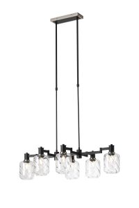 Erdi Swing Arm Telescopic Linear Pendant, 6 Light E14, Satin Nickel/Satin Black/Clear Twisted Cylinder Glass