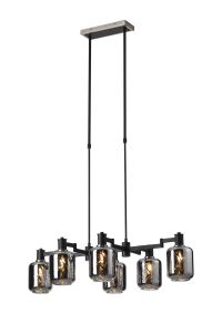 Erdi Swing Arm Telescopic Linear Pendant, 6 Light E14, Satin Nickel/Satin Black/Smoke Twisted Cylinder Glass