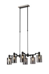 Erdi Swing Arm Telescopic Linear Pendant, 6 Light E14, Satin Nickel/Satin Black/Smoke Uniform Dimple Cylinder Glass