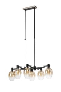 Erdi Swing Arm Telescopic Linear Pendant, 6 Light E14, Satin Nickel/Satin Black/Amber Fade Wine Glass Glass