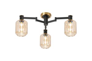 Erdi 60cm Swing Arm Flush Ceiling, 3 Light E14, Brass/Satin Black/Amber Striped Cylinder Glass