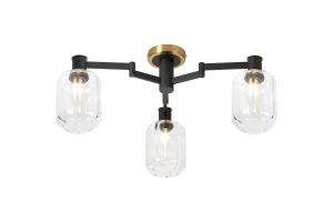 Erdi 60cm Swing Arm Flush Ceiling, 3 Light E14, Brass/Satin Black/Clear Striped Cylinder Glass