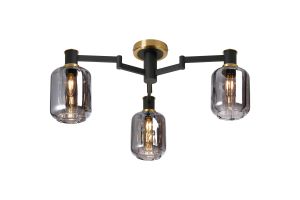 Erdi 60cm Swing Arm Flush Ceiling, 3 Light E14, Brass/Satin Black/Smoke Striped Cylinder Glass