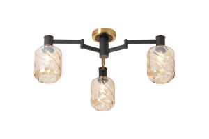 Erdi 60cm Swing Arm Flush Ceiling, 3 Light E14, Brass/Satin Black/Amber Twisted Cylinder Glass