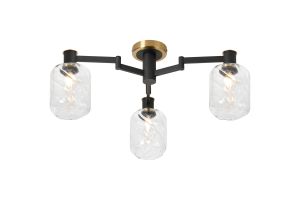 Erdi 60cm Swing Arm Flush Ceiling, 3 Light E14, Brass/Satin Black/Clear Twisted Cylinder Glass