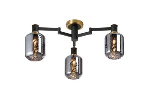 Erdi 60cm Swing Arm Flush Ceiling, 3 Light E14, Brass/Satin Black/Smoke Twisted Cylinder Glass