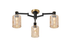 Erdi 59cm Swing Arm Flush Ceiling, 3 Light E14, Brass/Satin Black/Amber Uniform Dimple Cylinder Glass