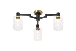Erdi 59cm Swing Arm Flush Ceiling, 3 Light E14, Brass/Satin Black/Clear Uniform Dimple Cylinder Glass