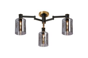 Erdi 59cm Swing Arm Flush Ceiling, 3 Light E14, Brass/Satin Black/Smoke Uniform Dimple Cylinder Glass