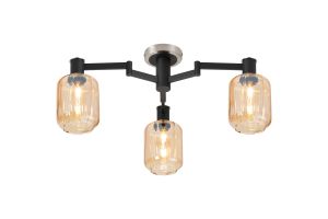 Erdi 60cm Swing Arm Flush Ceiling, 3 Light E14, Satin Nickel/Satin Black/Amber Striped Cylinder Glass