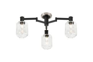 Erdi 60cm Swing Arm Flush Ceiling, 3 Light E14, Satin Nickel/Satin Black/Clear Striped Cylinder Glass
