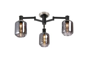 Erdi 60cm Swing Arm Flush Ceiling, 3 Light E14, Satin Nickel/Satin Black/Smoke Striped Cylinder Glass