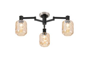 Erdi 60cm Swing Arm Flush Ceiling, 3 Light E14, Satin Nickel/Satin Black/Amber Twisted Cylinder Glass