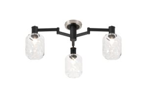 Erdi 60cm Swing Arm Flush Ceiling, 3 Light E14, Satin Nickel/Satin Black/Clear Twisted Cylinder Glass