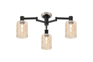 Erdi 59cm Swing Arm Flush Ceiling, 3 Light E14, Satin Nickel/Satin Black/Amber Uniform Dimple Cylinder Glass